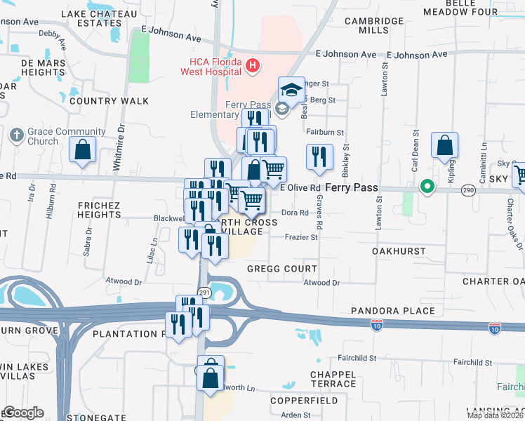 map of restaurants, bars, coffee shops, grocery stores, and more near 7912 Gregg Road in Pensacola