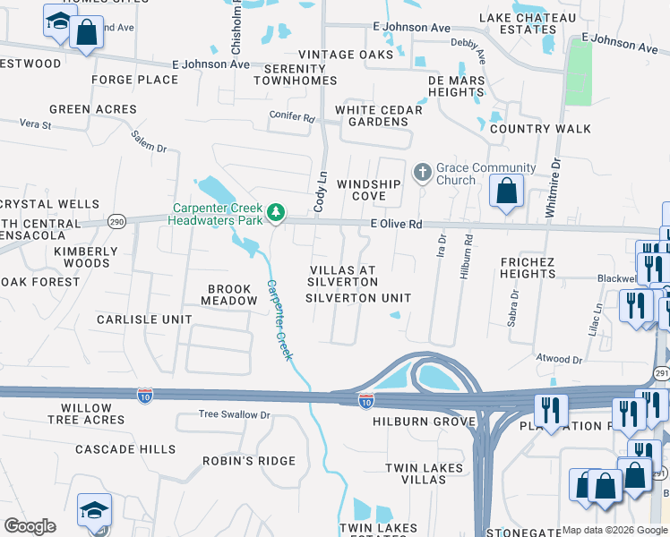 map of restaurants, bars, coffee shops, grocery stores, and more near 7981 Stonebrook Drive in Pensacola
