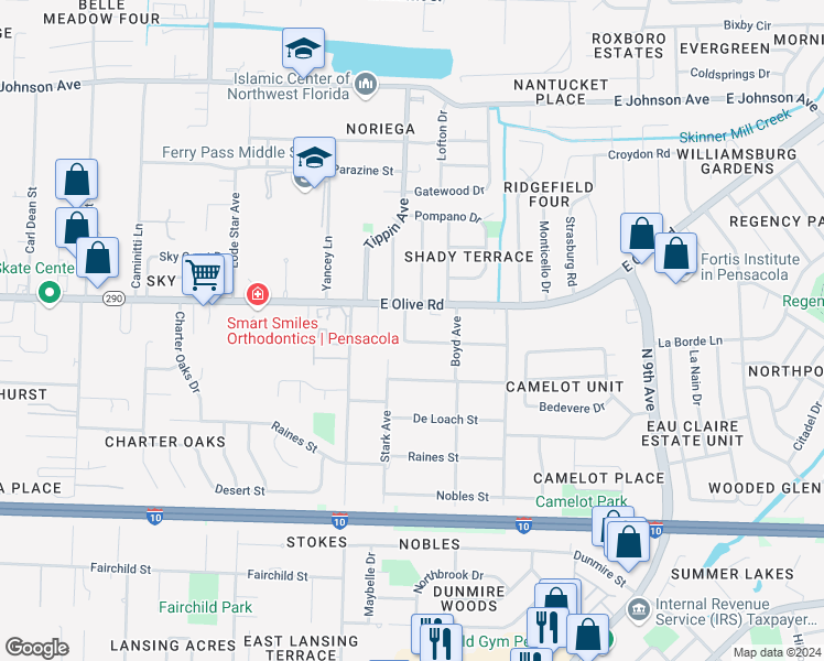 map of restaurants, bars, coffee shops, grocery stores, and more near 8034 Stark Avenue in Pensacola