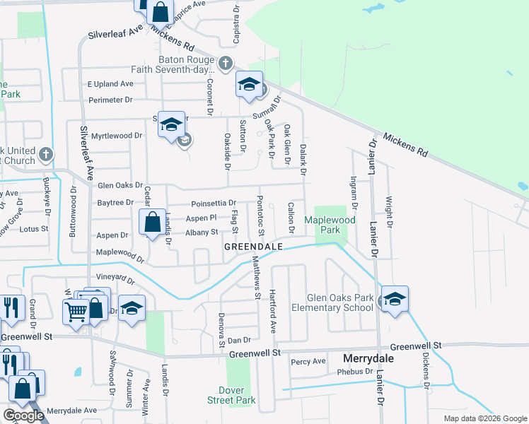 map of restaurants, bars, coffee shops, grocery stores, and more near 6223 East Glen Court in Baton Rouge