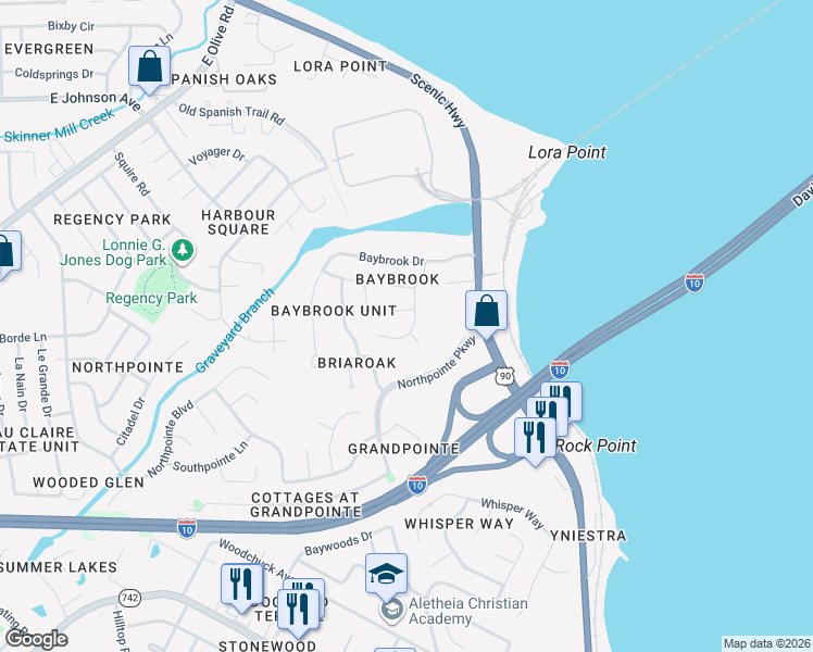 map of restaurants, bars, coffee shops, grocery stores, and more near 7619 Brook Forest Drive in Pensacola