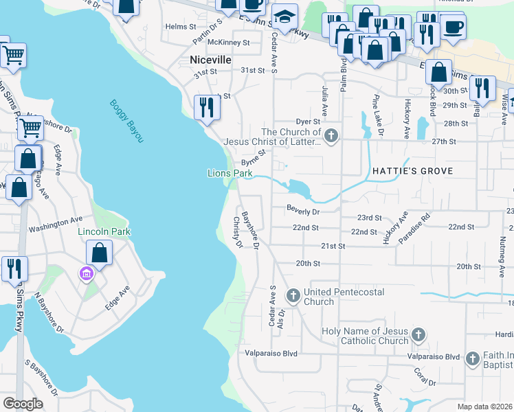 map of restaurants, bars, coffee shops, grocery stores, and more near 1008 Bayshore Drive in Niceville