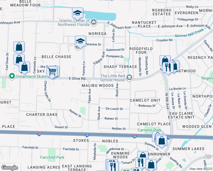 map of restaurants, bars, coffee shops, grocery stores, and more near 3525 Beagles Street in Pensacola