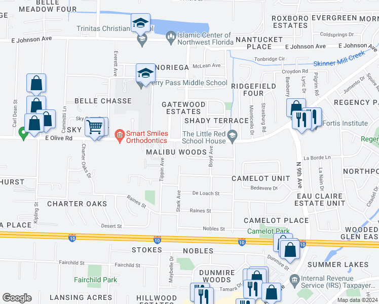 map of restaurants, bars, coffee shops, grocery stores, and more near 3525 Beagles Street in Pensacola