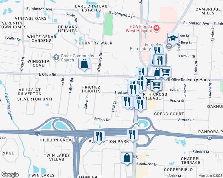 map of restaurants, bars, coffee shops, grocery stores, and more near 1619 Blackwell Lane in Pensacola