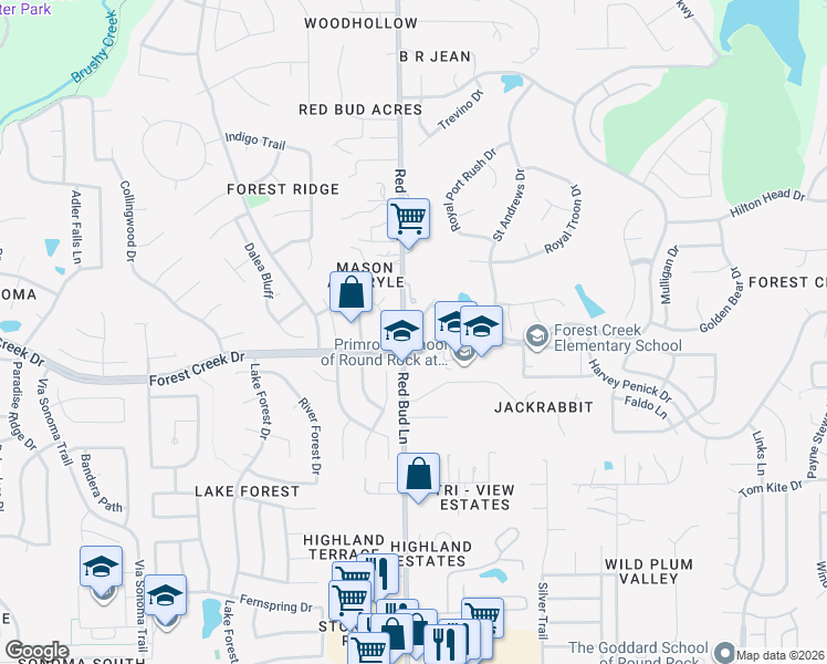 map of restaurants, bars, coffee shops, grocery stores, and more near 3309 Forest Creek Drive in Round Rock