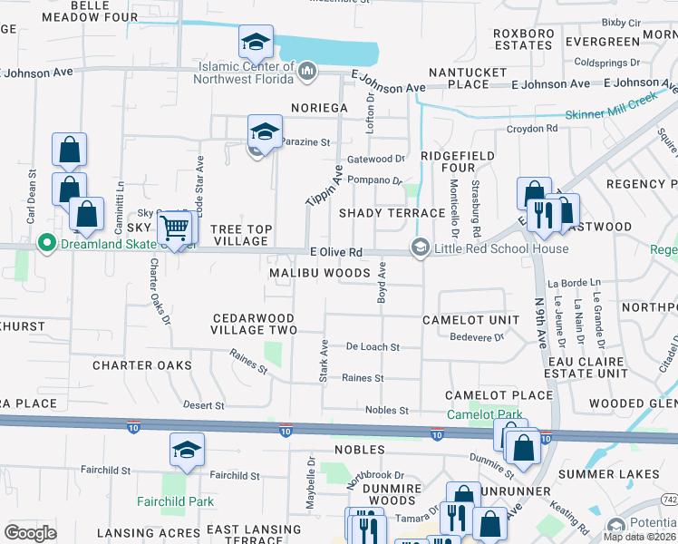 map of restaurants, bars, coffee shops, grocery stores, and more near 3525 Beagles Street in Pensacola