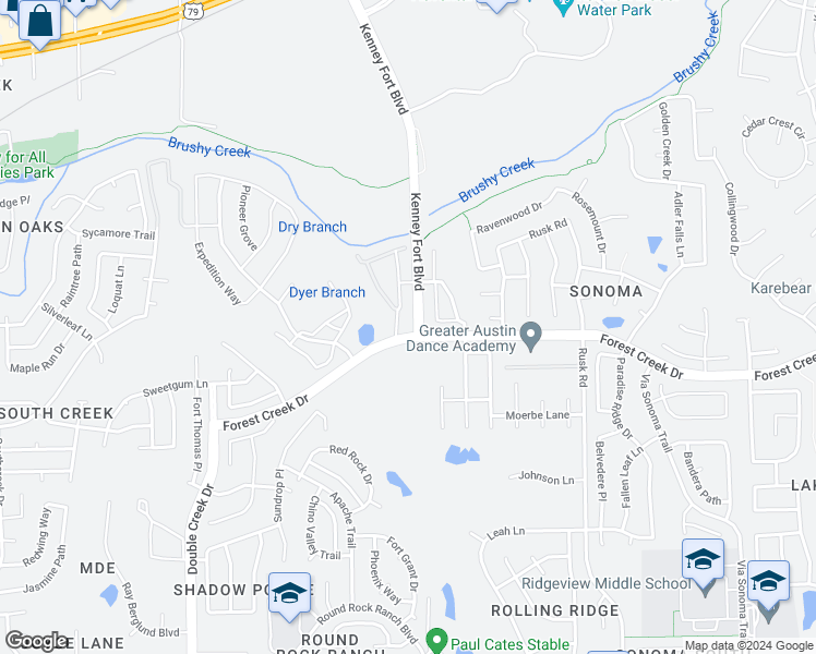 map of restaurants, bars, coffee shops, grocery stores, and more near 2408 Forest Creek Drive in Round Rock