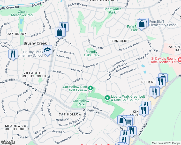 map of restaurants, bars, coffee shops, grocery stores, and more near 8309 Hillrock Drive in Round Rock