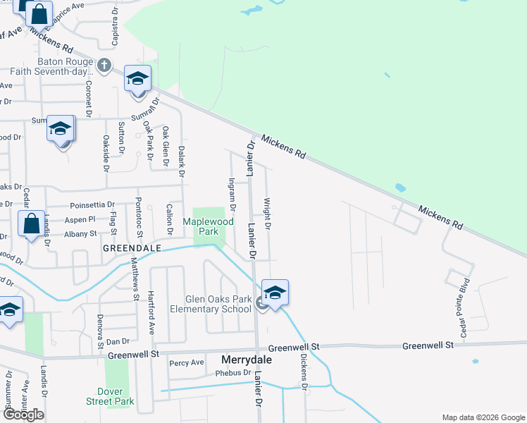 map of restaurants, bars, coffee shops, grocery stores, and more near 6111 Wright Drive in Baton Rouge