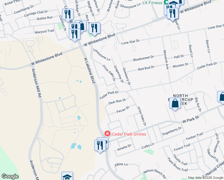 map of restaurants, bars, coffee shops, grocery stores, and more near 1502 Cedar Park Drive in Cedar Park