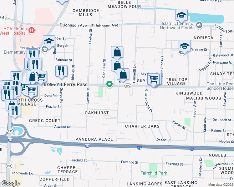 map of restaurants, bars, coffee shops, grocery stores, and more near 8019 Kipling Street in Pensacola