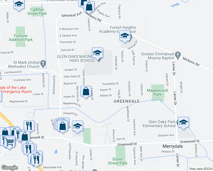 map of restaurants, bars, coffee shops, grocery stores, and more near 7174 Poinsettia Drive in Baton Rouge