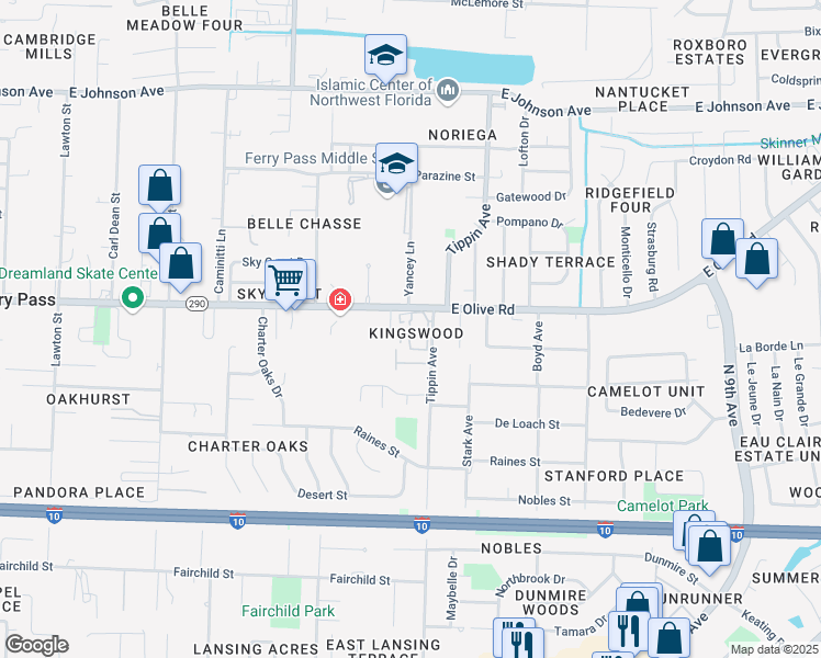 map of restaurants, bars, coffee shops, grocery stores, and more near 3359 East Olive Road in Pensacola