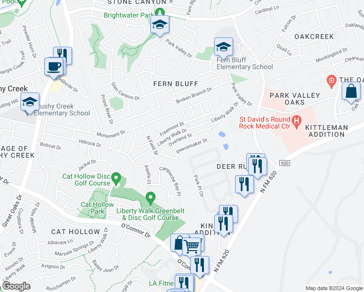 map of restaurants, bars, coffee shops, grocery stores, and more near 3008 Peacemaker Street in Round Rock