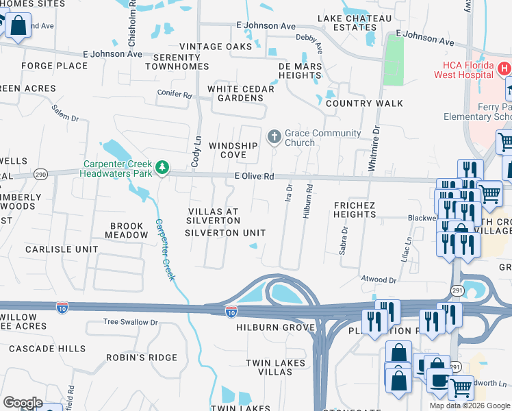 map of restaurants, bars, coffee shops, grocery stores, and more near 8000 El Estrecho Drive in Pensacola