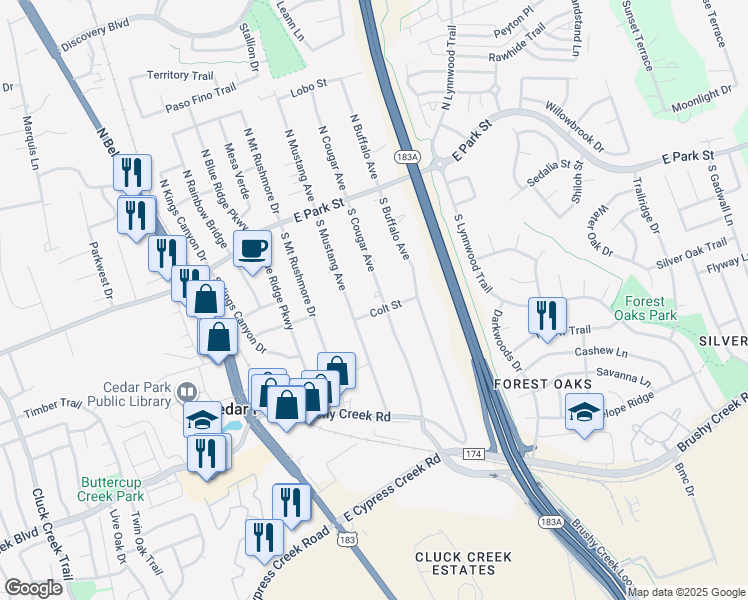 map of restaurants, bars, coffee shops, grocery stores, and more near 502 Colt Street in Cedar Park