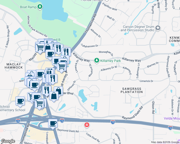 map of restaurants, bars, coffee shops, grocery stores, and more near 3514 Westford Drive in Tallahassee