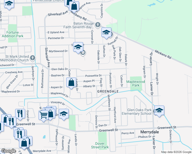 map of restaurants, bars, coffee shops, grocery stores, and more near 7230 Aspen Place in Baton Rouge