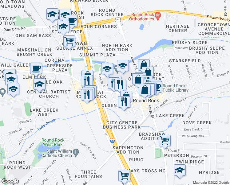 map of restaurants, bars, coffee shops, grocery stores, and more near Round Rock Avenue & West Austin Avenue in Round Rock