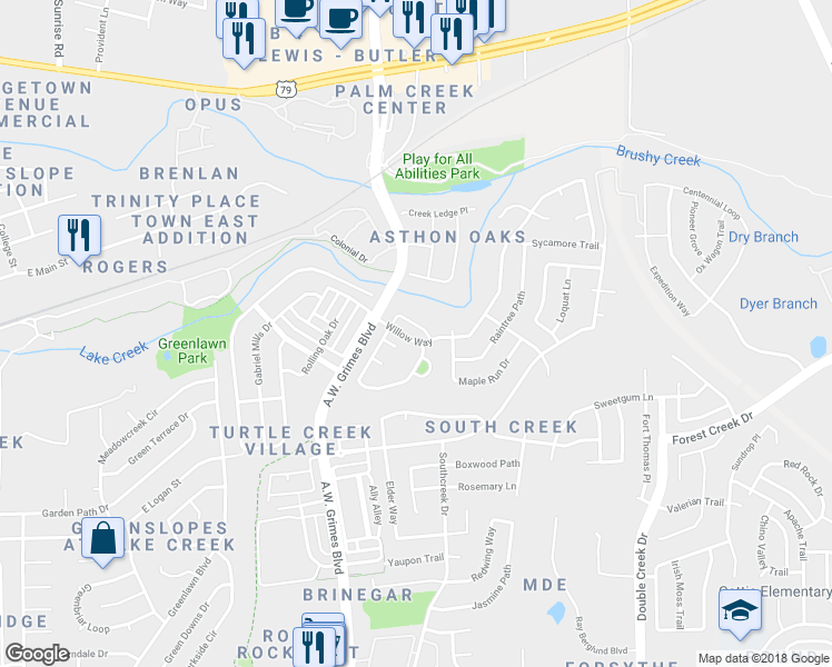 map of restaurants, bars, coffee shops, grocery stores, and more near 1841 Mathers Mill Trail in Round Rock