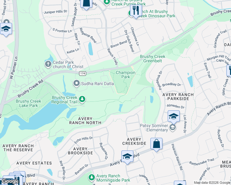 map of restaurants, bars, coffee shops, grocery stores, and more near Brushy Creek Regional Trail in Austin