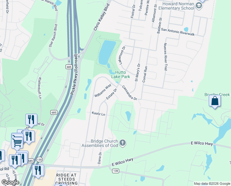map of restaurants, bars, coffee shops, grocery stores, and more near 102 Cassandra Drive in Hutto