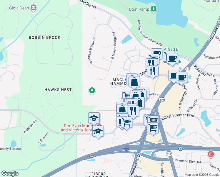 map of restaurants, bars, coffee shops, grocery stores, and more near 1302 Pawnee Pointe Court in Tallahassee