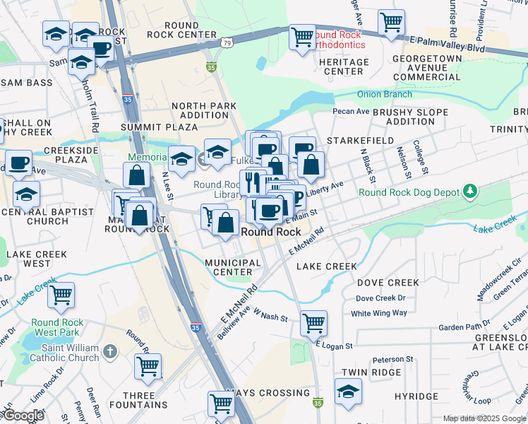 map of restaurants, bars, coffee shops, grocery stores, and more near 110 North Mays Street in Round Rock