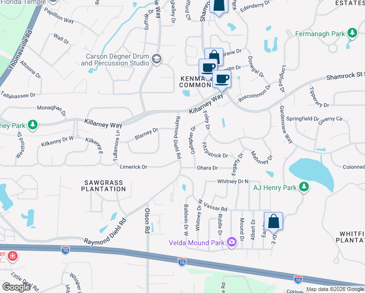 map of restaurants, bars, coffee shops, grocery stores, and more near 3524 Gallagher Drive in Tallahassee