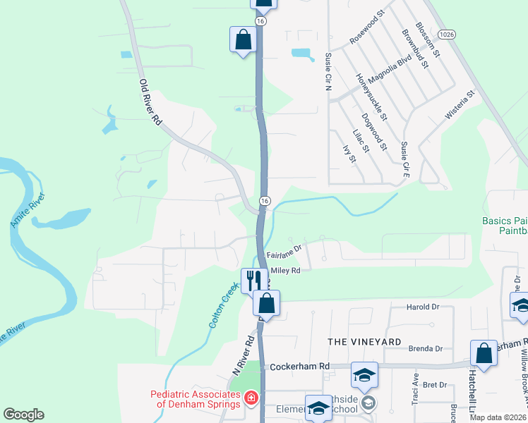 map of restaurants, bars, coffee shops, grocery stores, and more near 31050 Highway 16 in Denham Springs