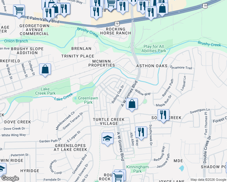 map of restaurants, bars, coffee shops, grocery stores, and more near 517 Freeland Path in Round Rock