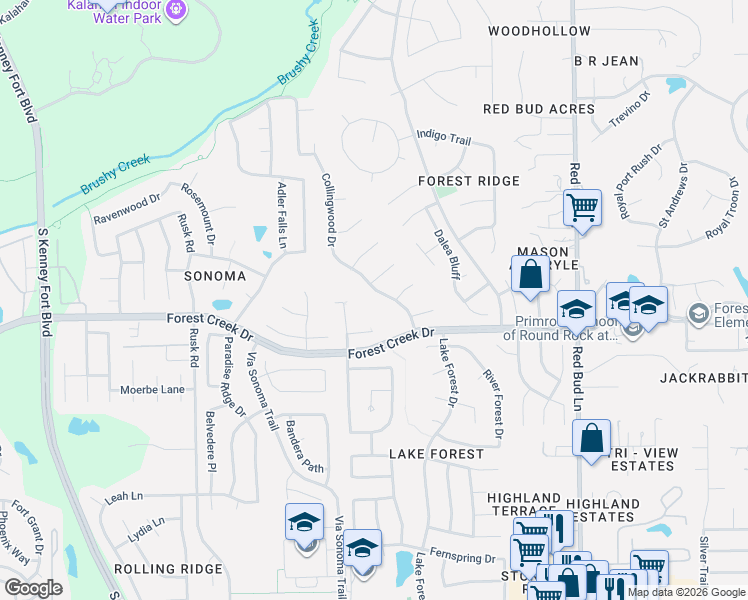 map of restaurants, bars, coffee shops, grocery stores, and more near 903 Forest Canyon Cove in Round Rock