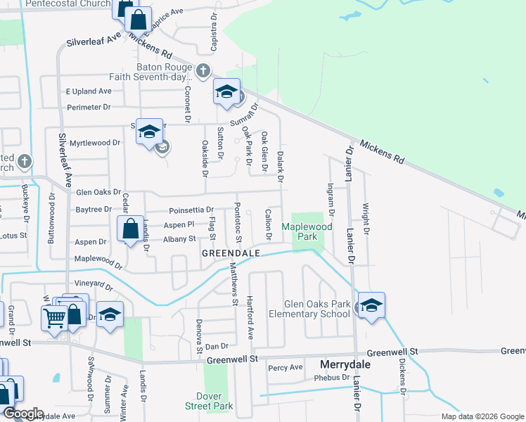 map of restaurants, bars, coffee shops, grocery stores, and more near 7829 East Poinsettia Drive in Baton Rouge