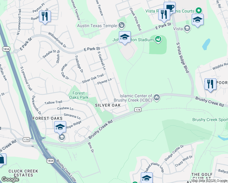 map of restaurants, bars, coffee shops, grocery stores, and more near 504 South Gadwall Lane in Cedar Park
