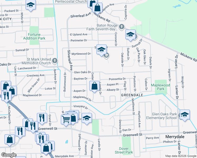 map of restaurants, bars, coffee shops, grocery stores, and more near 6401 Landis Drive in Baton Rouge