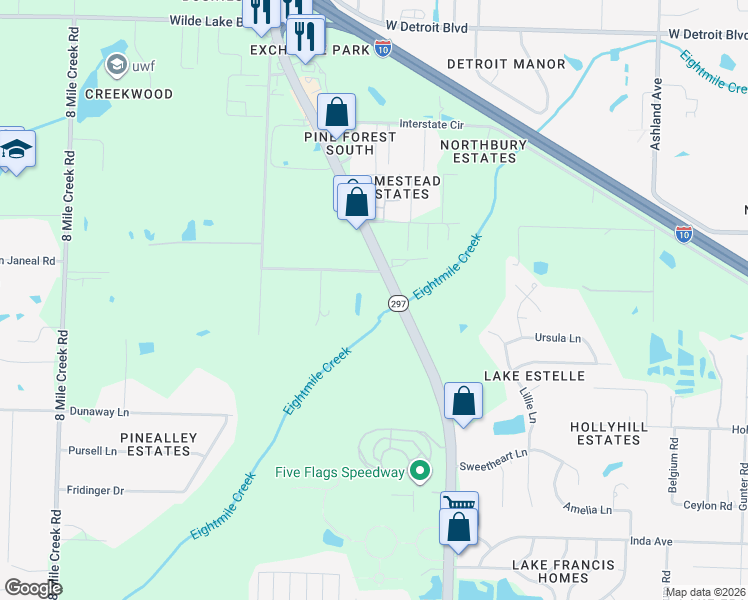 map of restaurants, bars, coffee shops, grocery stores, and more near 7791 Pine Forest Road in Pensacola