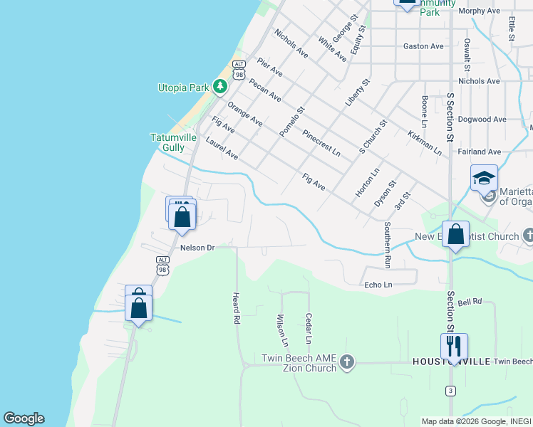 map of restaurants, bars, coffee shops, grocery stores, and more near 557 Liberty Street in Fairhope