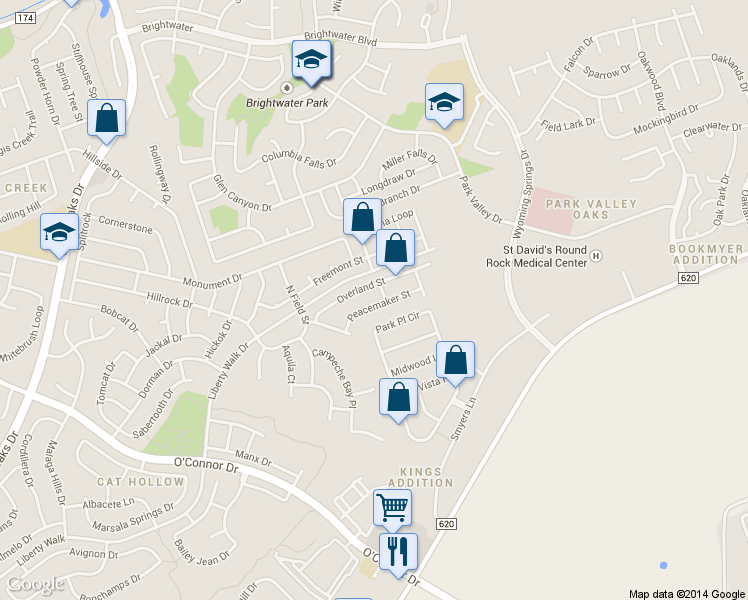 map of restaurants, bars, coffee shops, grocery stores, and more near 3002 Overland Street in Round Rock