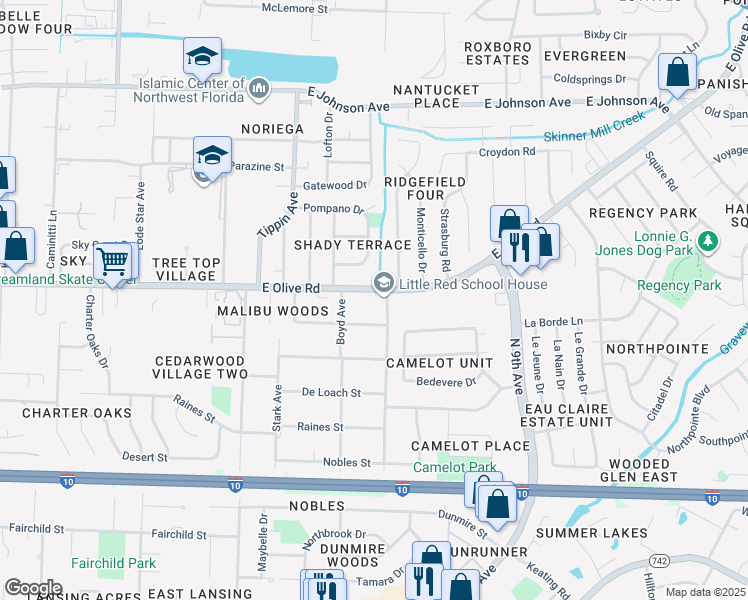 map of restaurants, bars, coffee shops, grocery stores, and more near 3776 East Olive Road in Pensacola