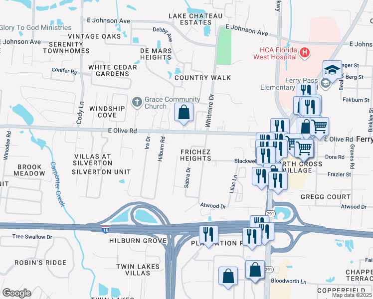 map of restaurants, bars, coffee shops, grocery stores, and more near 1536 Erwin Drive in Pensacola