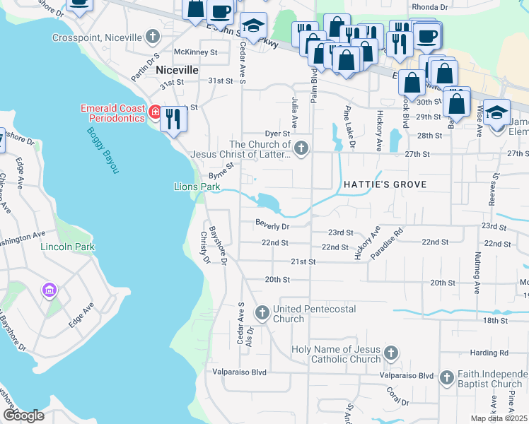 map of restaurants, bars, coffee shops, grocery stores, and more near 113 Kailyn Court in Niceville