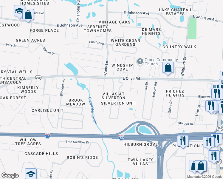 map of restaurants, bars, coffee shops, grocery stores, and more near 8033 Stonebrook Drive in Pensacola