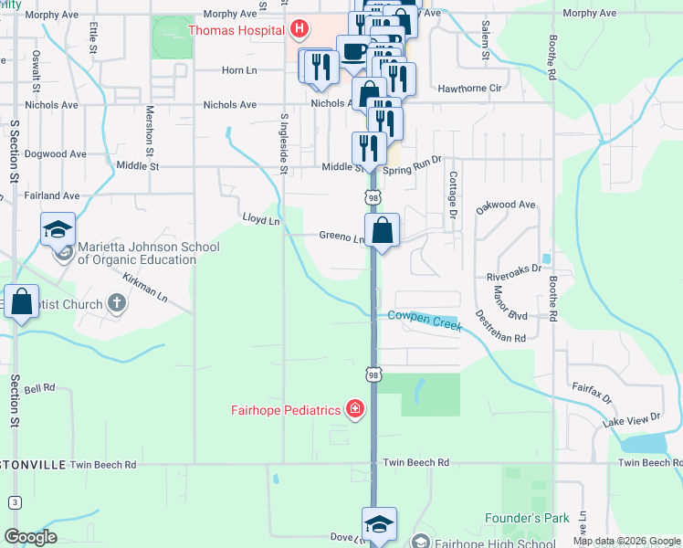 map of restaurants, bars, coffee shops, grocery stores, and more near 7901 Daugherty Lane in Fairhope