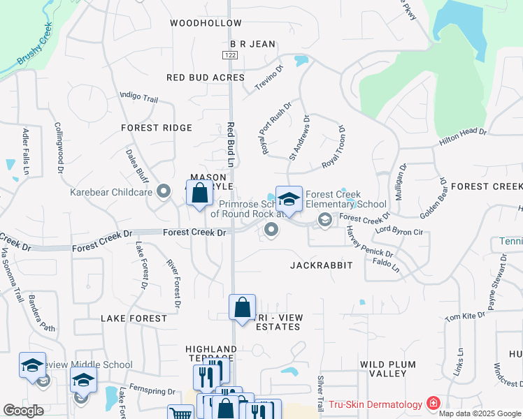 map of restaurants, bars, coffee shops, grocery stores, and more near 2000 Saint Andrews Drive in Round Rock