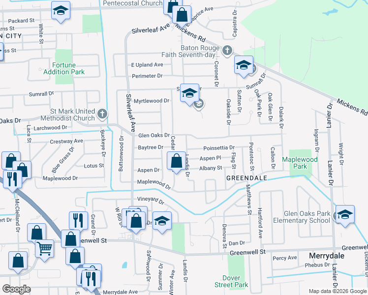 map of restaurants, bars, coffee shops, grocery stores, and more near 6472 Landis Drive in Baton Rouge
