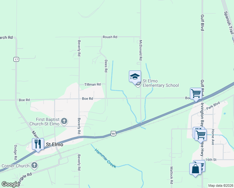 map of restaurants, bars, coffee shops, grocery stores, and more near 8600 Boe Road in Irvington
