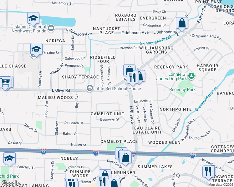 map of restaurants, bars, coffee shops, grocery stores, and more near 4051 East Olive Road in Pensacola