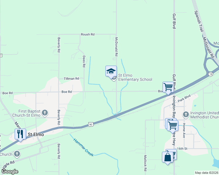 map of restaurants, bars, coffee shops, grocery stores, and more near 8740 McDonald Road in Irvington