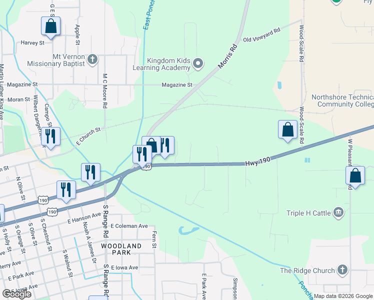map of restaurants, bars, coffee shops, grocery stores, and more near 1571 U.S. Highway 190 in Hammond
